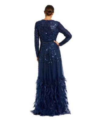  Feather Detail Embellished Sequin Gown
