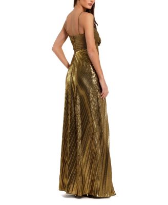 【Mac Duggal】3Dフラワーストラッププリーツメタリックガウン Mac Duggal Thin Strap Pleated Metallic Gown with 3D Flower