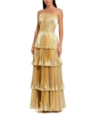 Mac Duggal - Strapless Pleated Metallic Layered High Low Gown