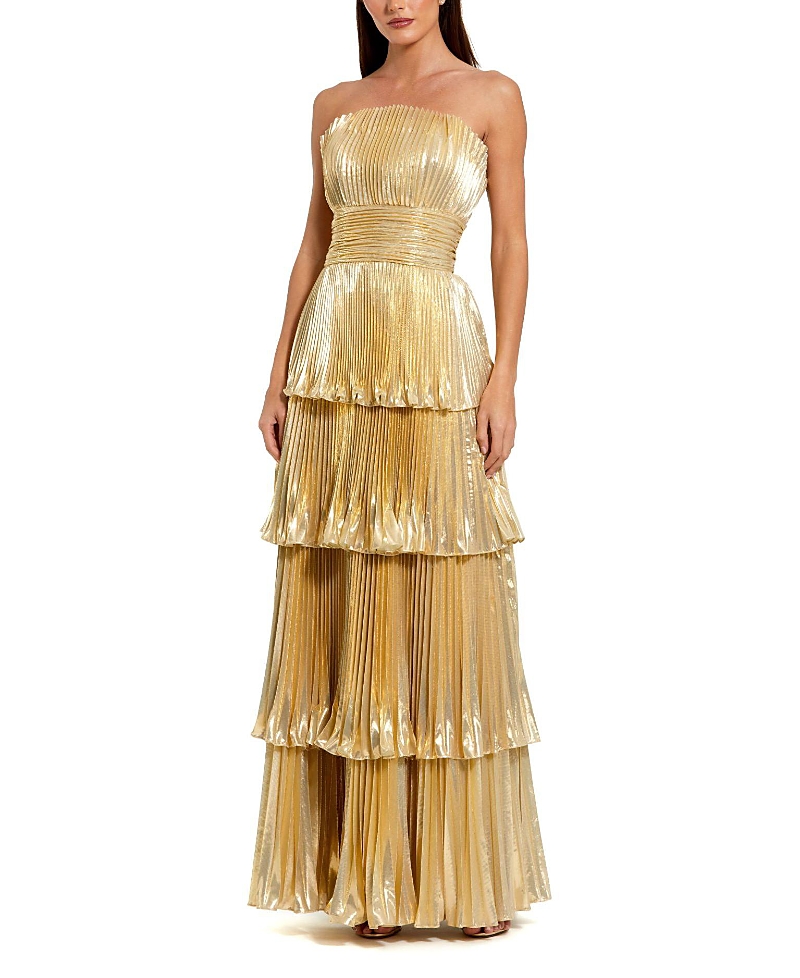 Mac Duggal Strapless Pleated Metallic Layered High Low Gown In Gold