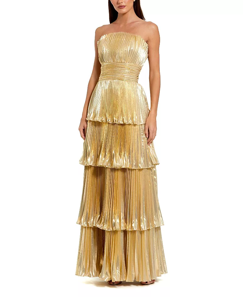 Mac Duggal Strapless Pleated Metallic Layered High Low Gown