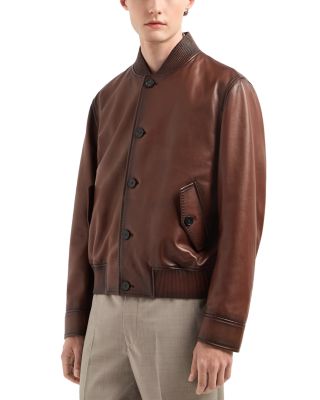 Emporio Armani - Regular Fit Button Front Leather Bomber Jacket