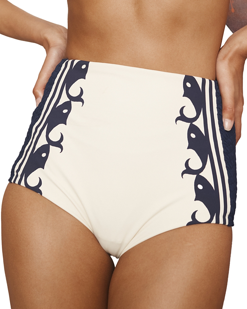 Alemais Marine Smocked High-waisted Bikini Bottom In Cream