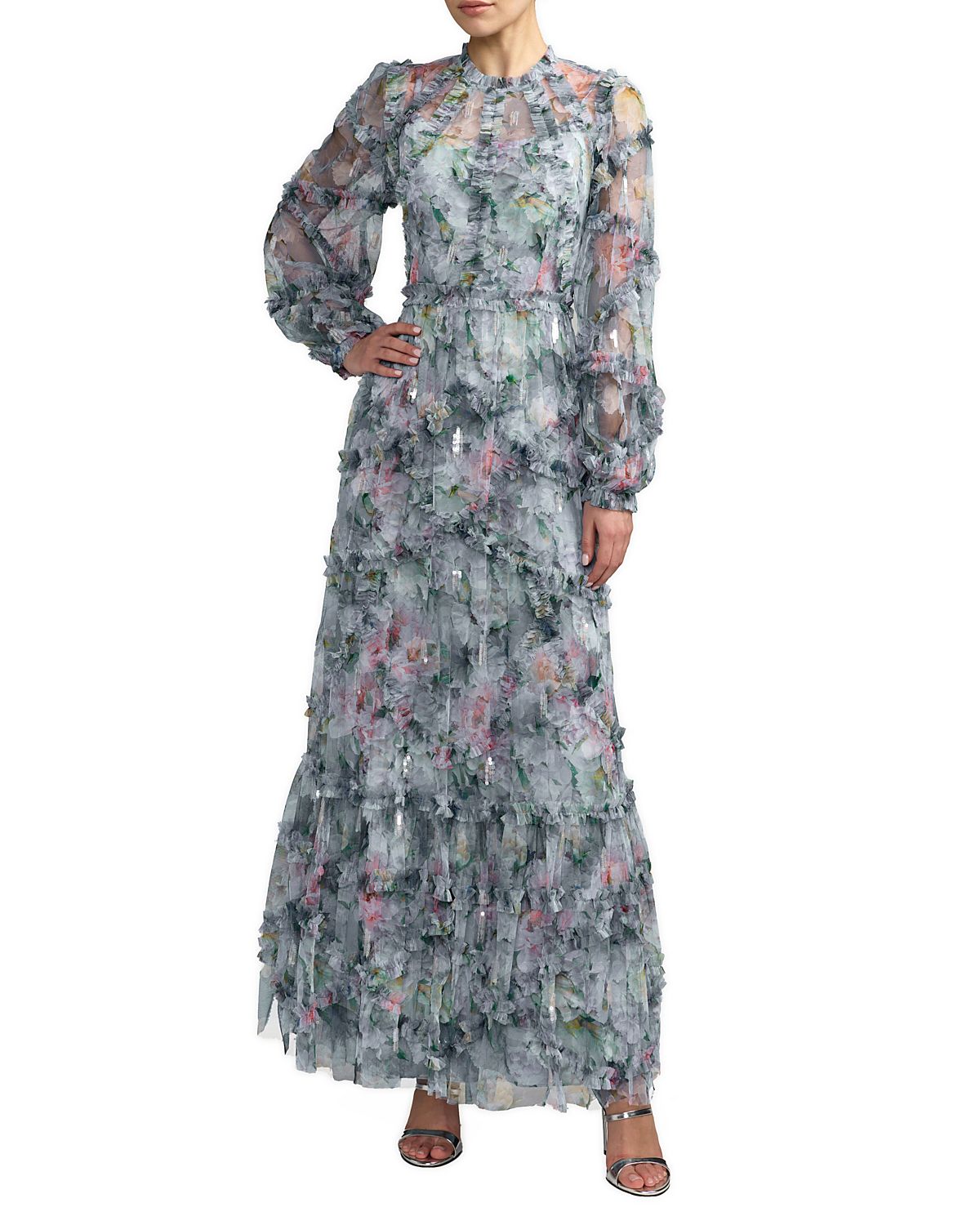 Mac Duggal Long Sleeve High Neck Sequin Detail Ruffle Gown