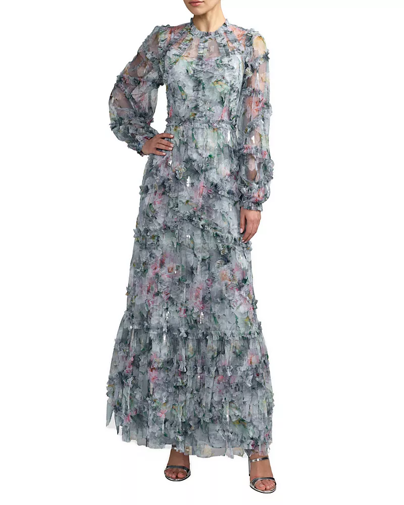 Mac Duggal Long Sleeve High Neck Sequin Detail Ruffle Gown