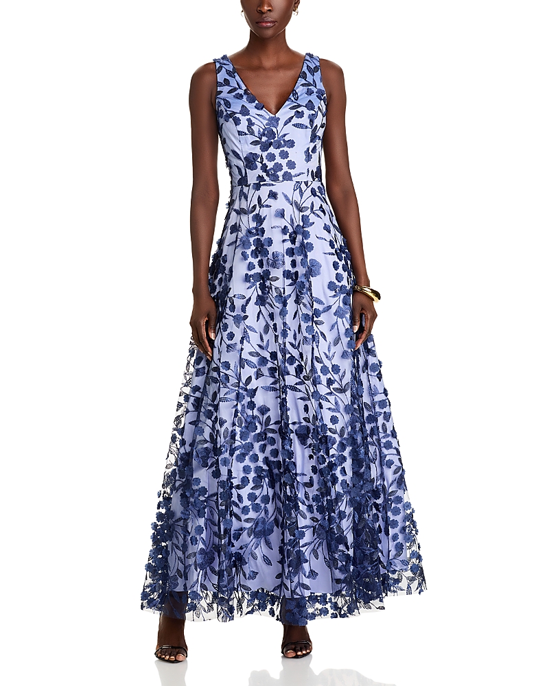 Embroidered Floral Illusion Lace A-line Gown In Blue Embroidered Floral Illusion Lace A-line Gown In Blue