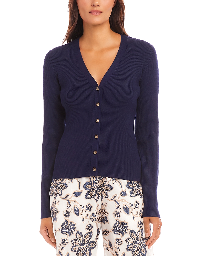 Shop Karen Kane Ribbed V Neck Cardigan Sweater In Navy