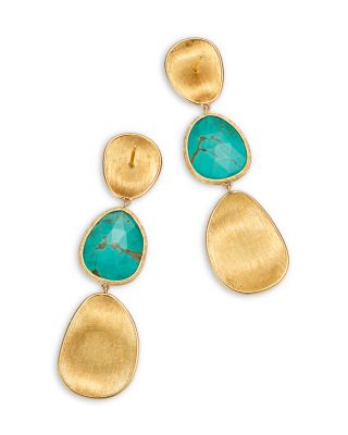18K Yellow Gold Lunaria Color Turquoise & Textured Link Drop Earrings