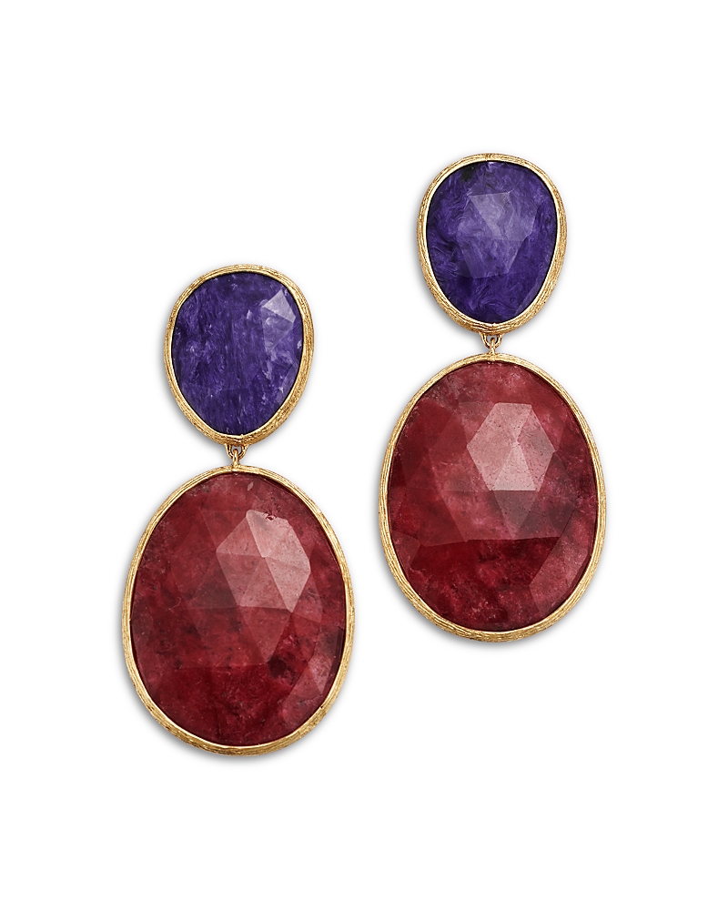 18K Yellow Gold Lunaria Color Thulite & Charoite Drop Earrings