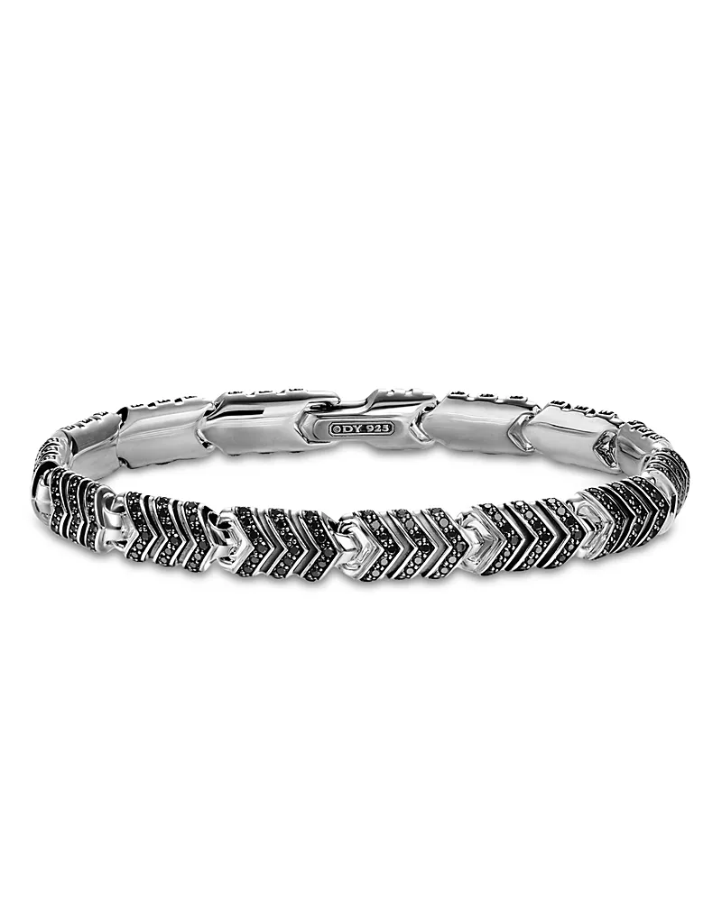 Men's Chevron Link Bracelet in Sterling Silver with Black Diamonds, 7.6mm