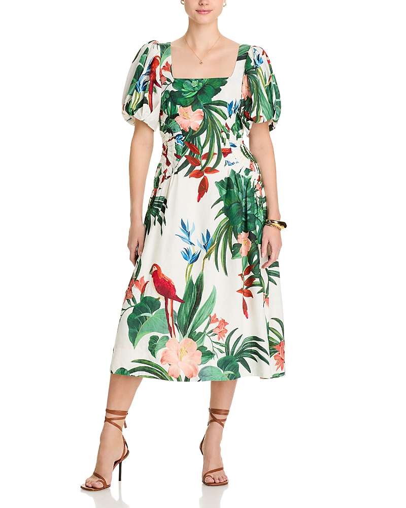 Farm Rio Midnight Mccaw Fiesta Floral Linen Blend Midi Dress In Midnight