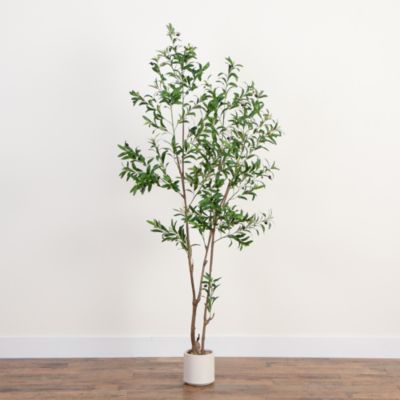 7&#39; Artificial Minimalist Olive Tree in White Decorative Planter
