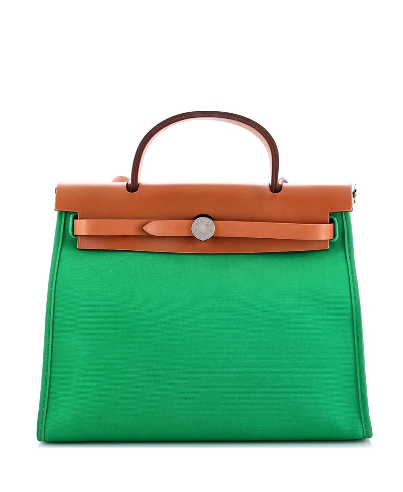 Pre-owned Pre-owned Hermes Hermes 31 Herbag Zip Leather And Toile In Green/ Brown