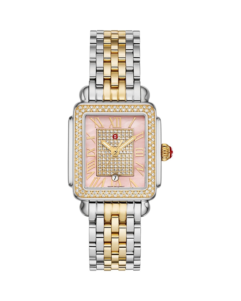 Michele Limited Edition Deco Madison Mid Two Tone 18k Gold Plated Diamond Watch, 29mm X 31mm In Pink/two Tone