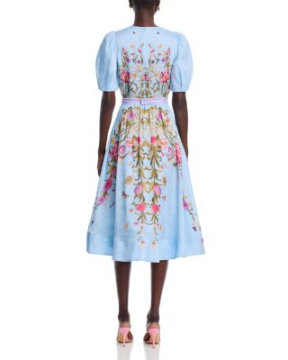 Silk Linen Floral Puff Sleeve Dress