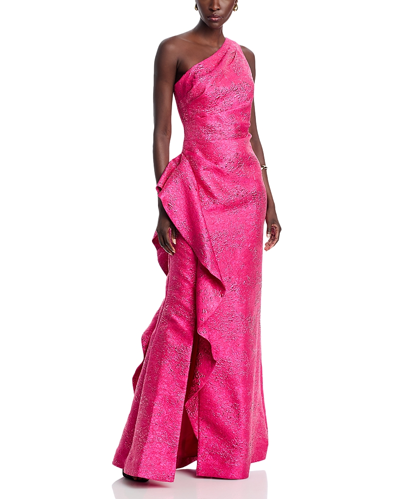Teri Jon By Rickie Freeman Metallic Jacquard One-Shoulder Gown