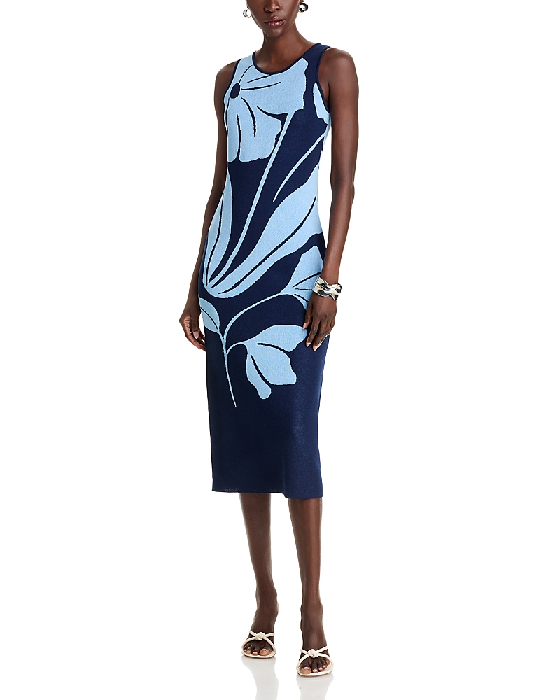T Tahari Exploded Floral Midi Dress In Evening Navy