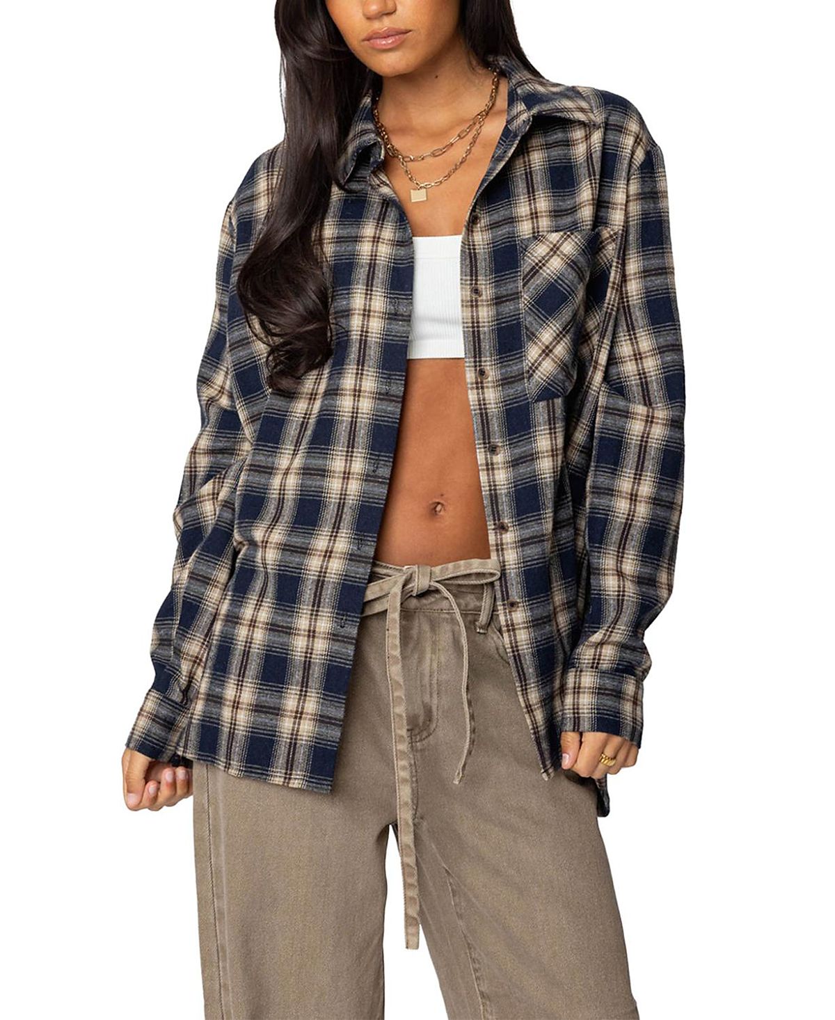 Edikted Plaid Flannel Button Up Shirt