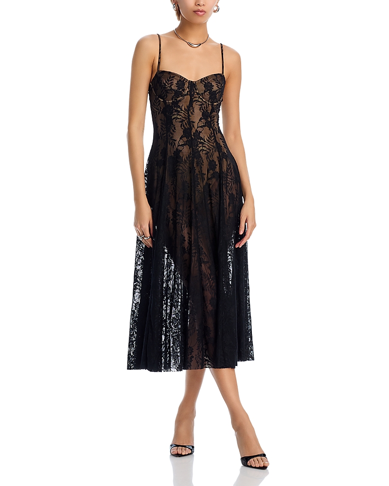 Shop Norma Kamali Lace Bodysuit Midi Dress In Black Stretch Lace/nude