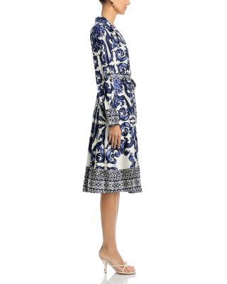 Floral Long Sleeve Lapel Collar Tie Belt Dress