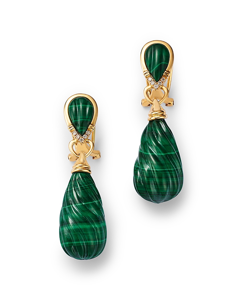 Shop Bloomingdale's Fine Collection Malachite & Diamond Carved Drop Earrings In 14k Yellow Gold In Green