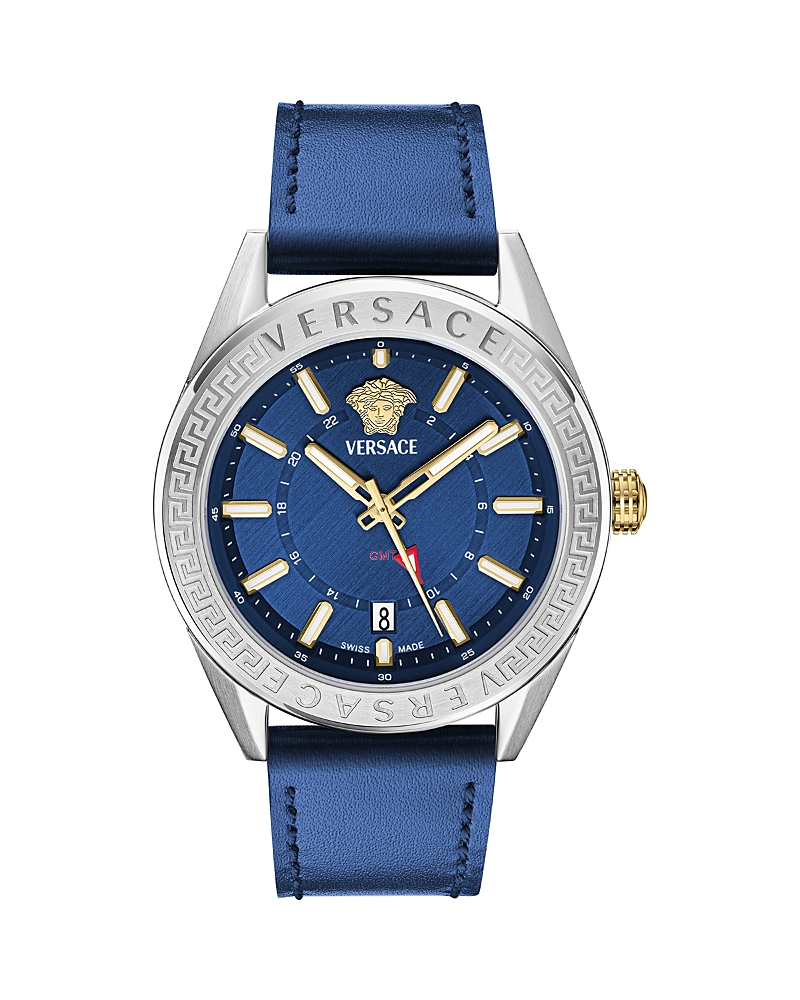 Versace Men's V-code Silver Stainless Steel And Leather Strap Watch, 42mm In Blue/blue