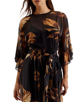 Printed Tie Waist Frill Sleeve Mini Dress