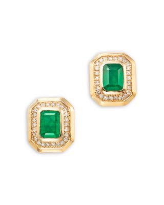 Bloomingdale's Fine Collection - Emerald & Diamond Halo Stud Earrings in 14K Yellow Gold
