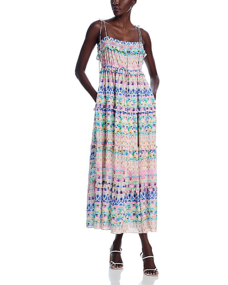 Stellah Printed Tie Shoulder Midi Dress In Blue Multi In Blue