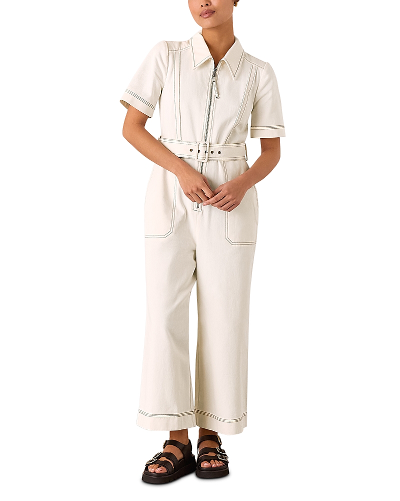 Whistles Petite Denim Pintuck Belted Jumpsuit In Ivory