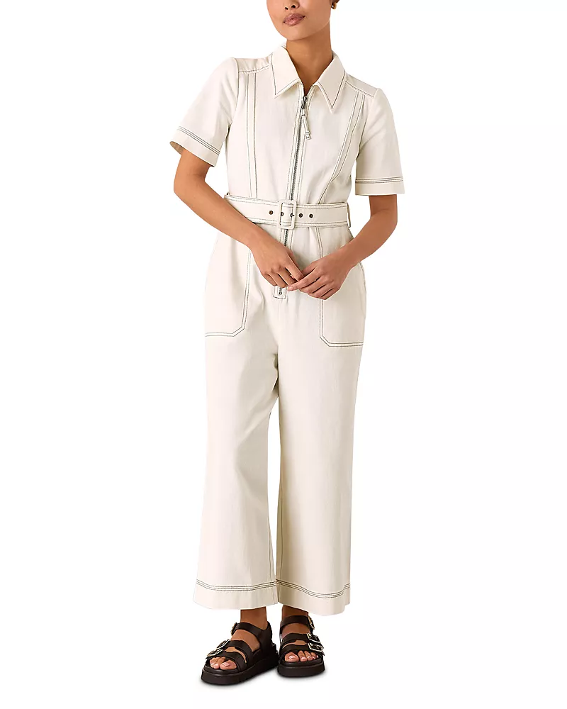Whistles Petite Denim Pintuck Belted Jumpsuit