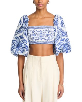 Linen Balloon Sleeve Cropped Top