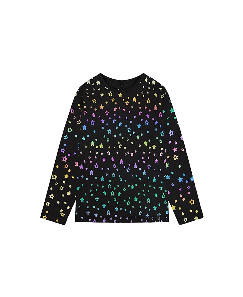 Deux Par Deux Little Girl's Long Sleeve T-shirt Foil Black Printed Stars In Printed Foil Stars