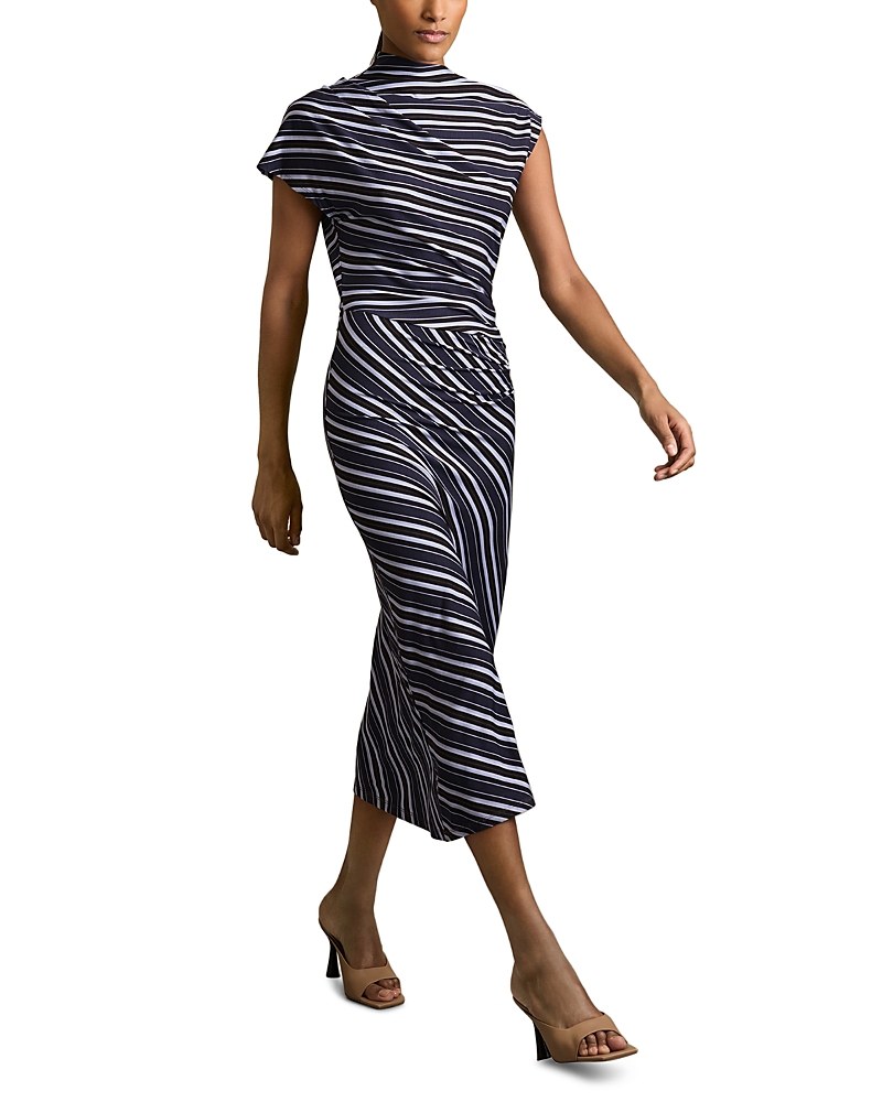 Reiss Blue Petite Stripe-print Draped Midi Dress In Blue