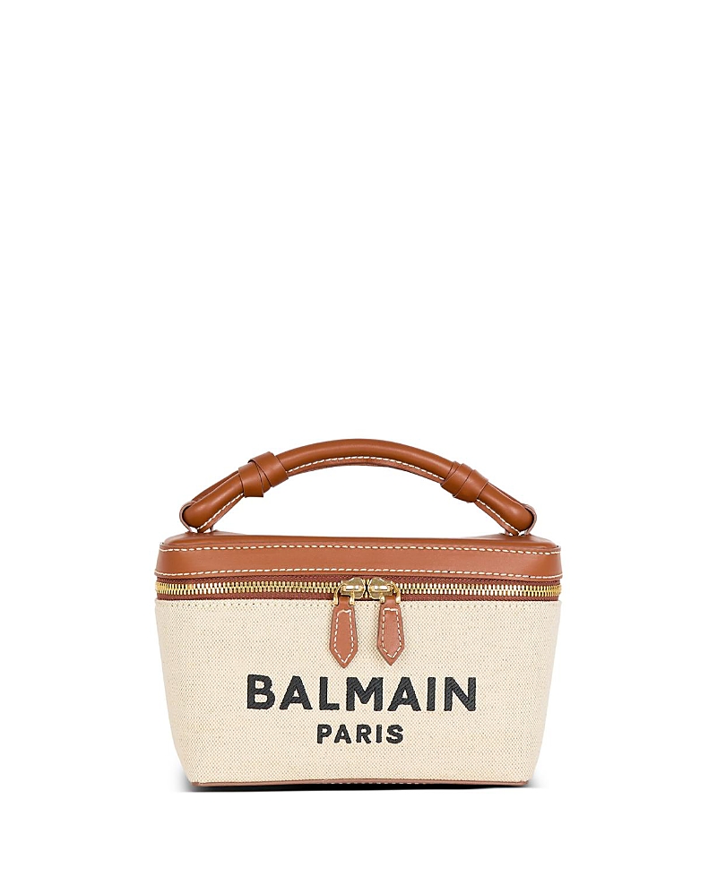 Balmain Structured Canvas Bag With Leather Handle And Logo In Beige