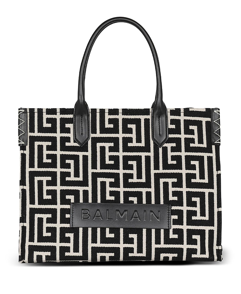 Shop Balmain Women's B-army 42 Monogram Jacquard And Leather Tote Bag In Black