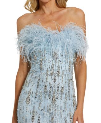 Strapless Feather Embellished Mermaid Gown