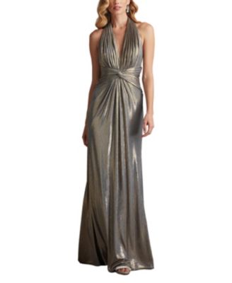 Mona Pleated Metallic Halter Gown
