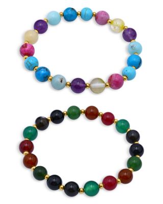 Aqua Multicolor Glass Stone Beaded Stretch Bracelets in 18K Gold Plated Sterling Silver, Set of 2 - Exclusive
