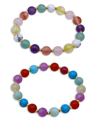 Aqua Multicolor Glass Stone Beaded Stretch Bracelets in 18K Gold Plated Sterling Silver, Set of 2 - Exclusive