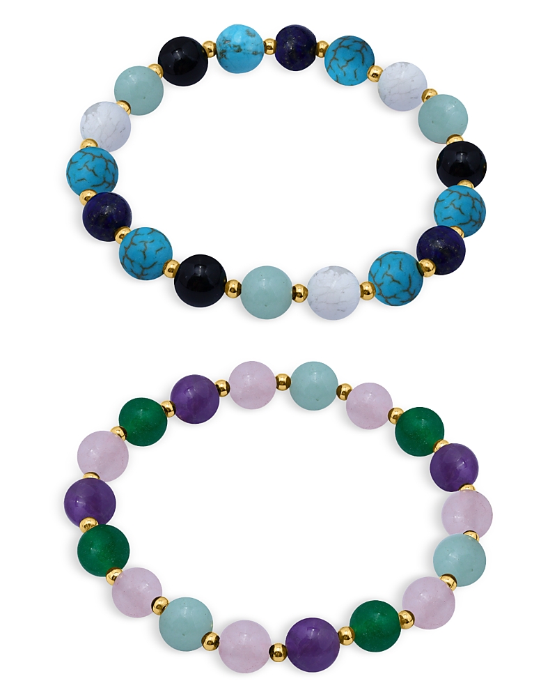 Aqua Multicolor Glass Stone Beaded Stretch Bracelets In 18k Gold Plated Sterling Silver, Set Of 2 - Exclu In Gold/multi