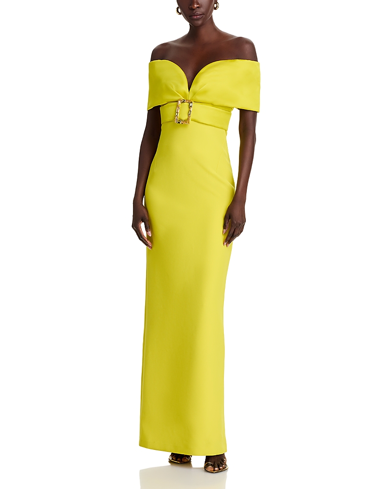 Safiyaa Off-the-shoulder Belted Gown In Chartreuse