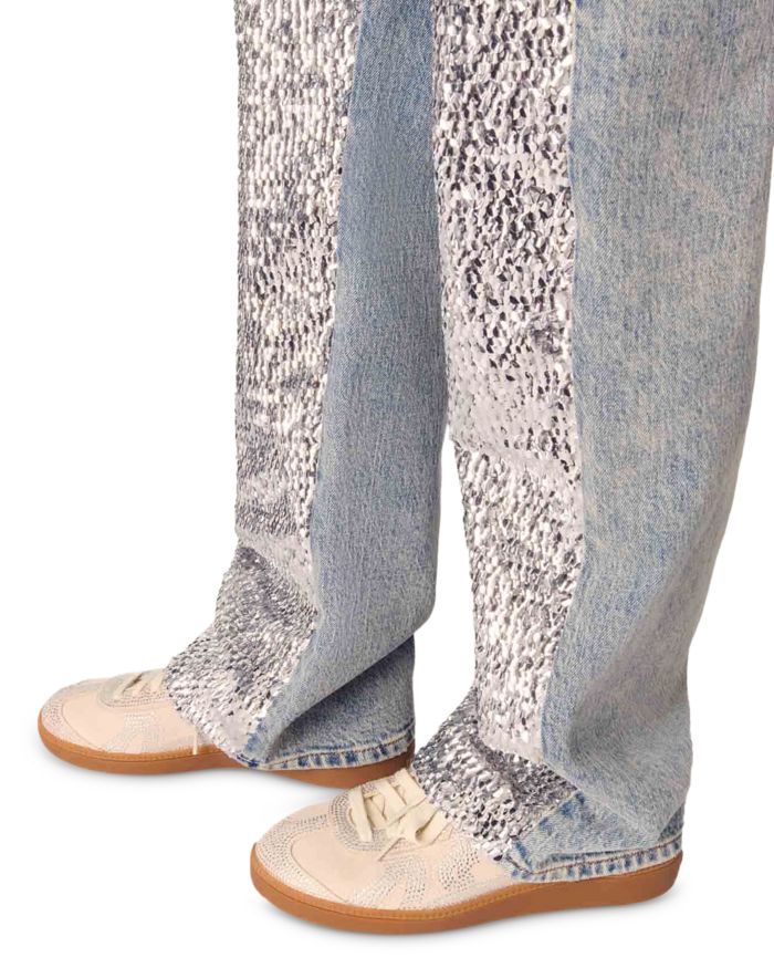 Sequined High Rise Straight Jeans Blue Sky