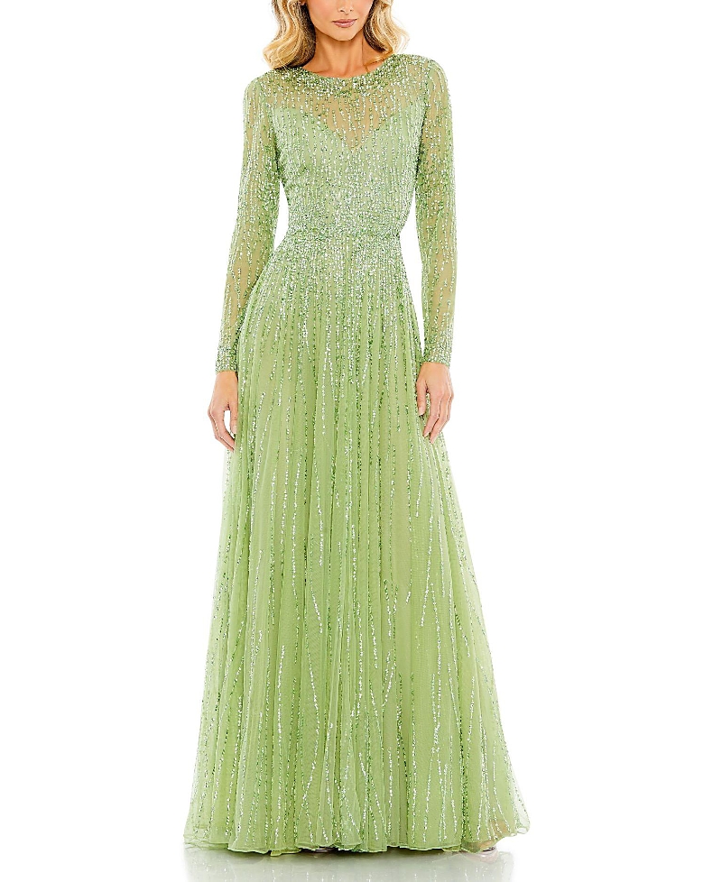 Mac Duggal Sequined Illusion High Neck Long Sleeve Gown In Sage