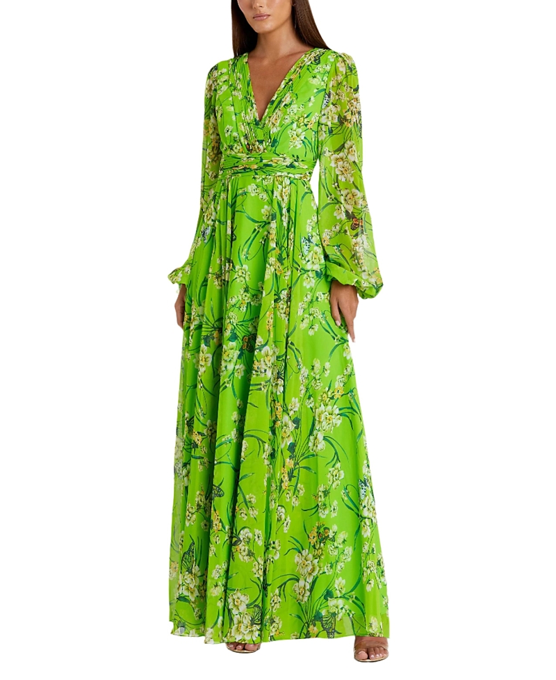 Mac Duggal Puff Sleeve Floral Chiffon Gown In Green Multi