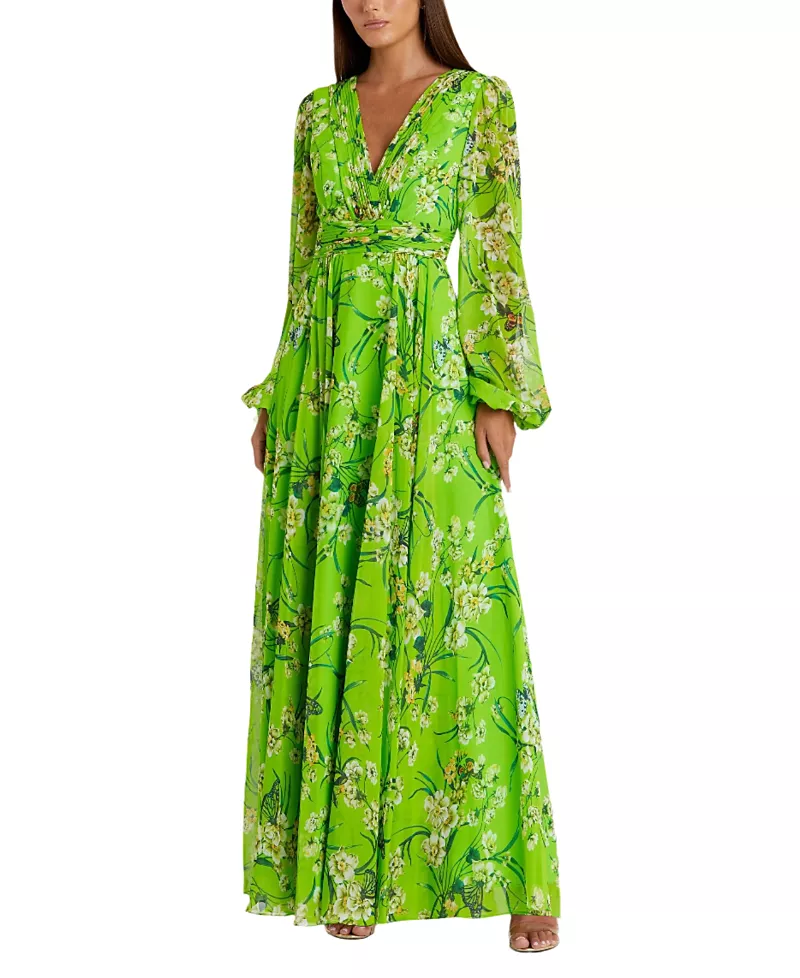 Mac Duggal Puff Sleeve Floral Chiffon Gown