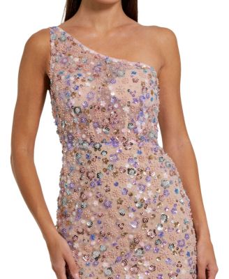  Floral Embellished One Shoulder Gown