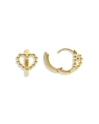 18K Yellow Gold Caviar Gold Beaded Heart Huggie Hoop Earrings