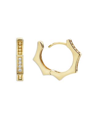 18K Yellow Gold Caviar Gold Diamond Hexagon Huggie Hoop Earrings