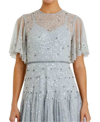  Cape Sleeve Beaded Tea Length A-line Dress